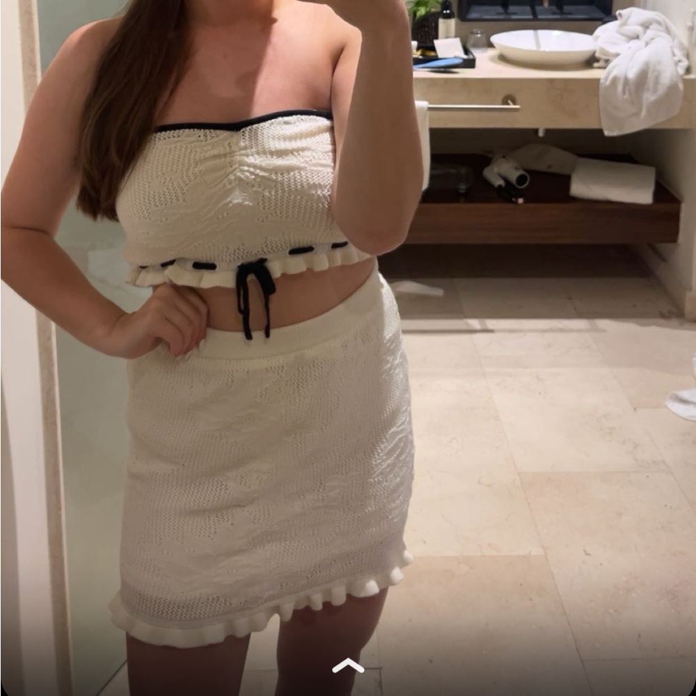 White Strapless Knit Top and Skirt Set